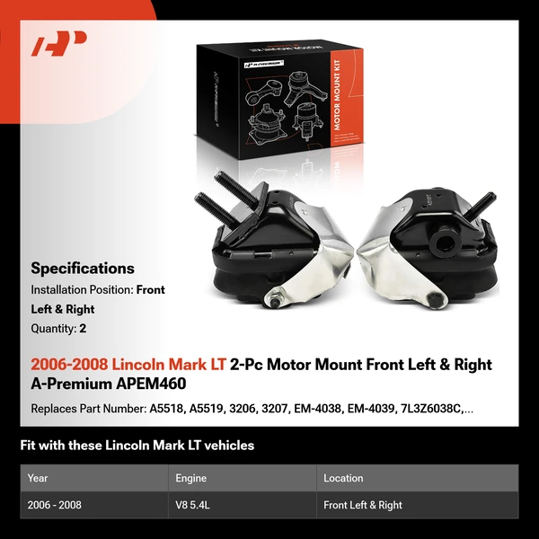 2006-2008 Lincoln Mark LT 2-Pc Motor Mount Front Left & Right A-Premium APEM460