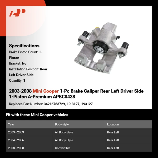 2003-2008 Mini Cooper 1-Pc Brake Caliper Rear Left Driver Side 1-Piston A-Premium APBC0438