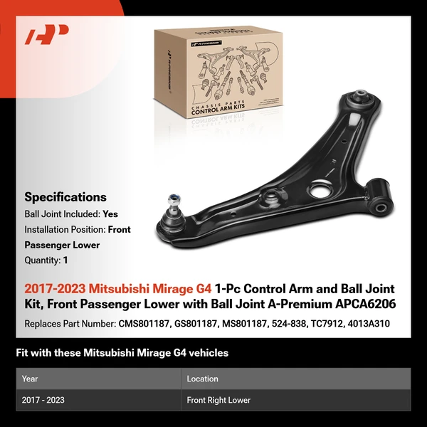 2017-2023 Mitsubishi Mirage G4 1-Pc Control Arm and Ball Joint Kit, Front Passenger Lower with Ball Joint A-Premium APCA6206