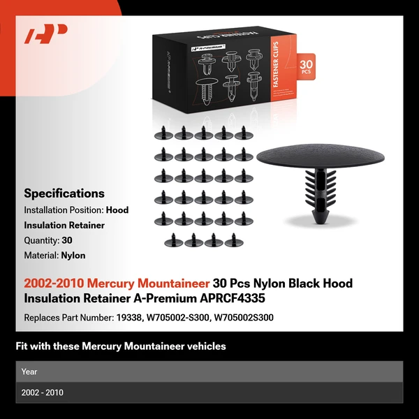 2002-2010 Mercury Mountaineer 30 Pcs Nylon Black Hood Insulation Retainer A-Premium APRCF4335