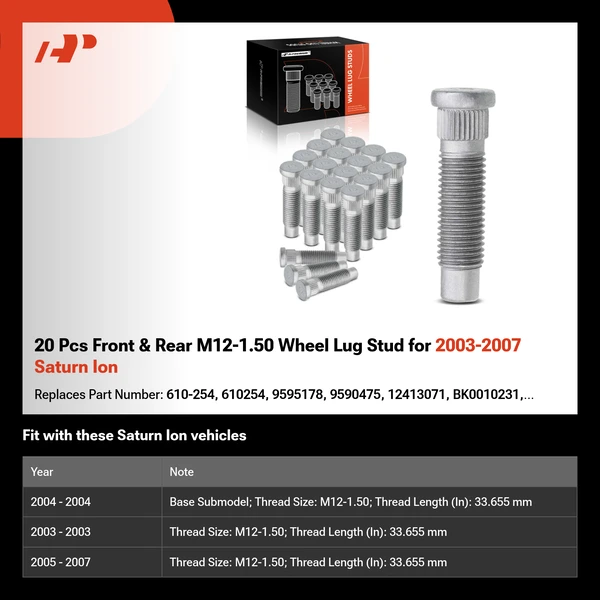 20 Pcs Front & Rear M12-1.50 Wheel Lug Stud for 2003-2007 Saturn Ion