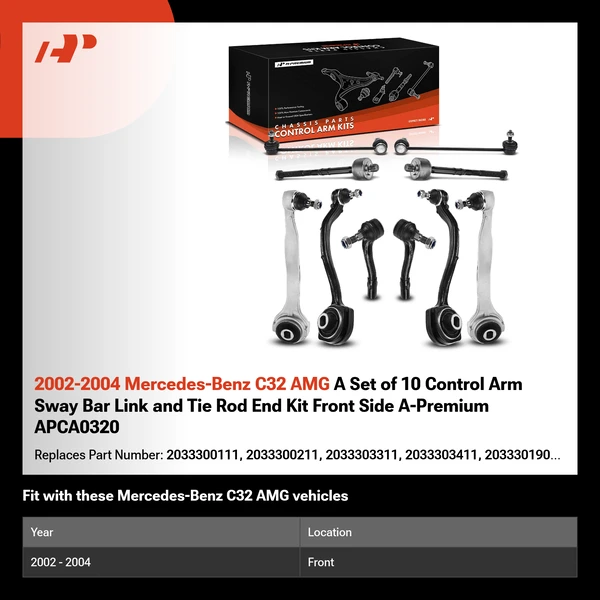 2002-2004 Mercedes-Benz C32 AMG A Set of 10 Control Arm Sway Bar Link and Tie Rod End Kit Front Side A-Premium APCA0320