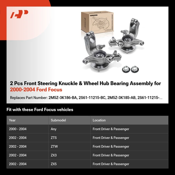 2 Pcs Front Steering Knuckle & Wheel Hub Bearing Assembly for 2000-2004 Ford Focus