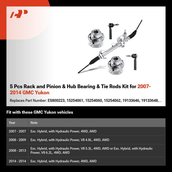 5 Pcs Rack and Pinion & Hub Bearing & Tie Rods Kit for 2007-2014 GMC Yukon