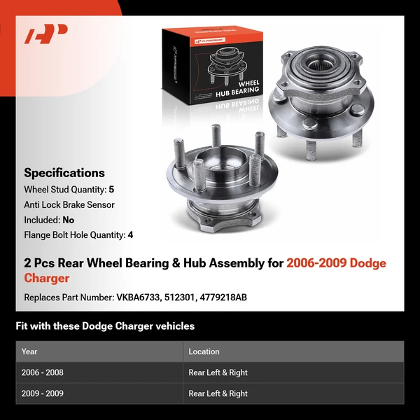 2 Pcs Rear Wheel Bearing & Hub Assembly for 2006-2009 Dodge Charger