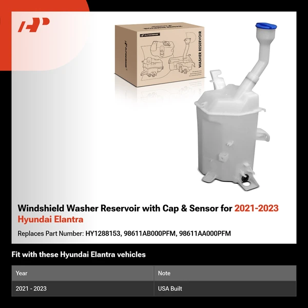 Windshield Washer Reservoir with Cap & Sensor for 2021-2023 Hyundai Elantra