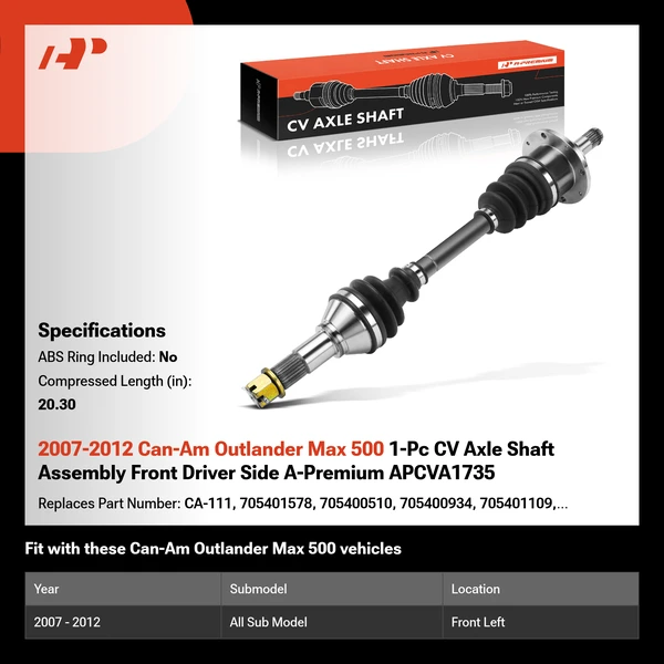 2007-2012 Can-Am Outlander Max 500 1-Pc CV Axle Shaft Assembly Front Driver Side A-Premium APCVA1735