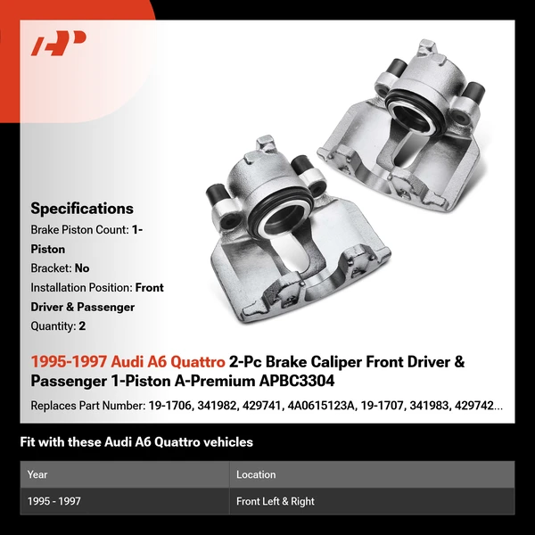 1995-1997 Audi A6 Quattro 2-Pc Brake Caliper Front Driver & Passenger 1-Piston A-Premium APBC3304