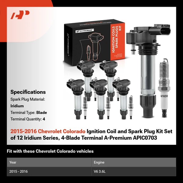 2015-2016 Chevrolet Colorado Ignition Coil and Spark Plug Kit Set of 12 Iridium Series, 4-Blade Terminal A-Premium APIC0703