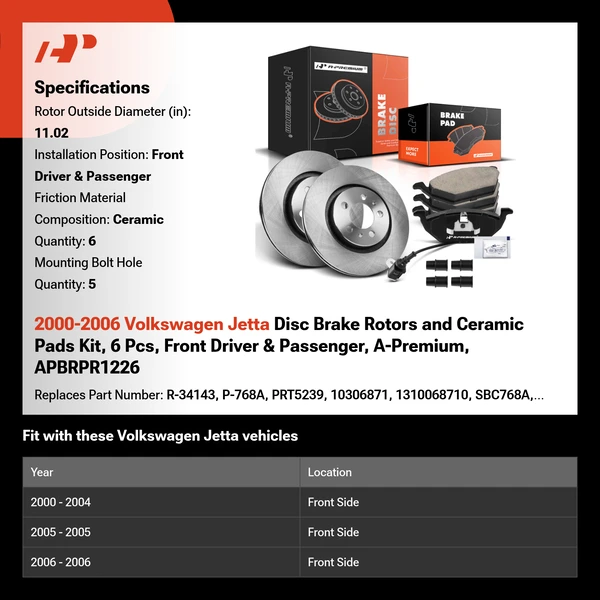 2000-2006 Volkswagen Jetta Disc Brake Rotors and Ceramic Pads Kit, 6 Pcs, Front Driver & Passenger, A-Premium, APBRPR1226