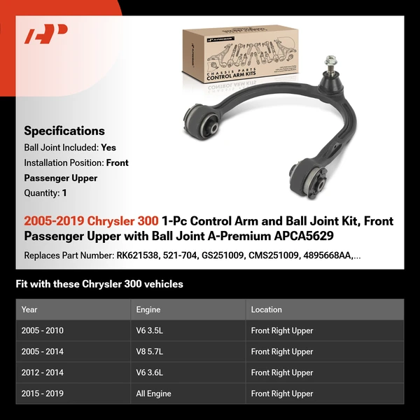 2005-2019 Chrysler 300 1-Pc Control Arm and Ball Joint Kit, Front Passenger Upper with Ball Joint A-Premium APCA5629