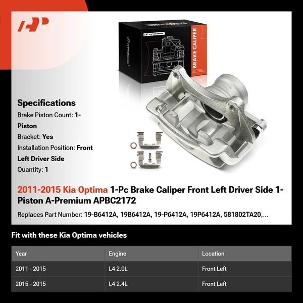 2011-2015 Kia Optima 1-Pc Brake Caliper Front Left Driver Side 1-Piston A-Premium APBC2172