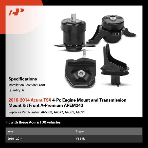 2010-2014 Acura TSX 4-Pc Engine Mount and Transmission Mount Kit Front A-Premium APEM243