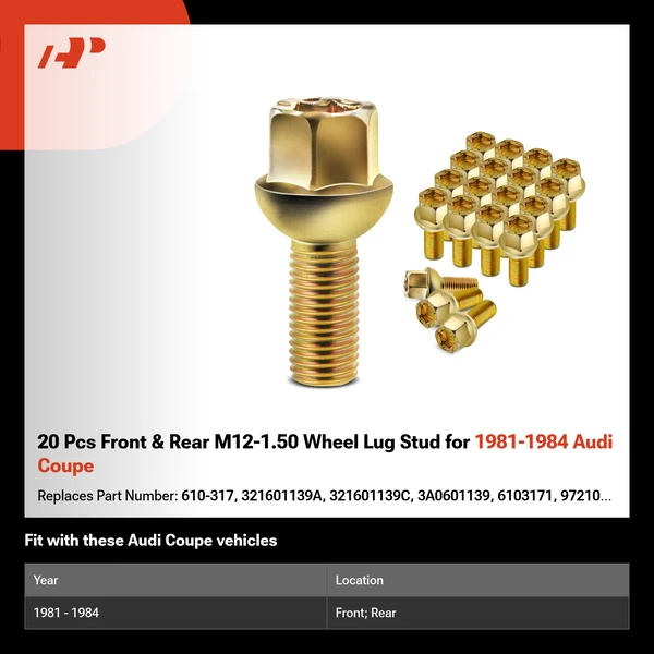 20 Pcs Front & Rear M12-1.50 Wheel Lug Stud for 1981-1984 Audi Coupe