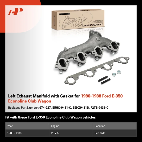 Left Exhaust Manifold with Gasket for 1980-1988 Ford E-350 Econoline Club Wagon