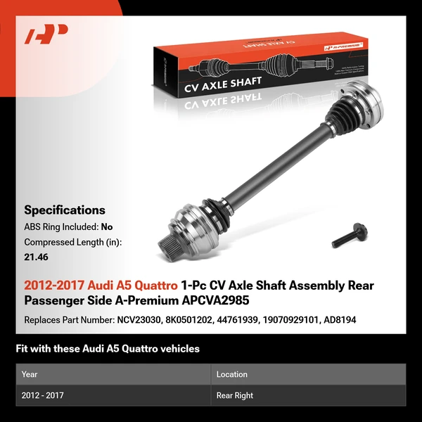 2012-2017 Audi A5 Quattro 1-Pc CV Axle Shaft Assembly Rear Passenger Side A-Premium APCVA2985