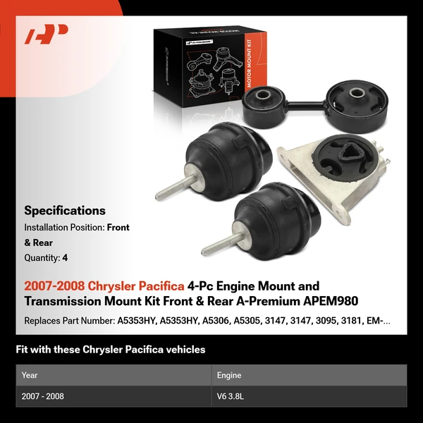 2007-2008 Chrysler Pacifica 4-Pc Engine Mount and Transmission Mount Kit Front & Rear A-Premium APEM980