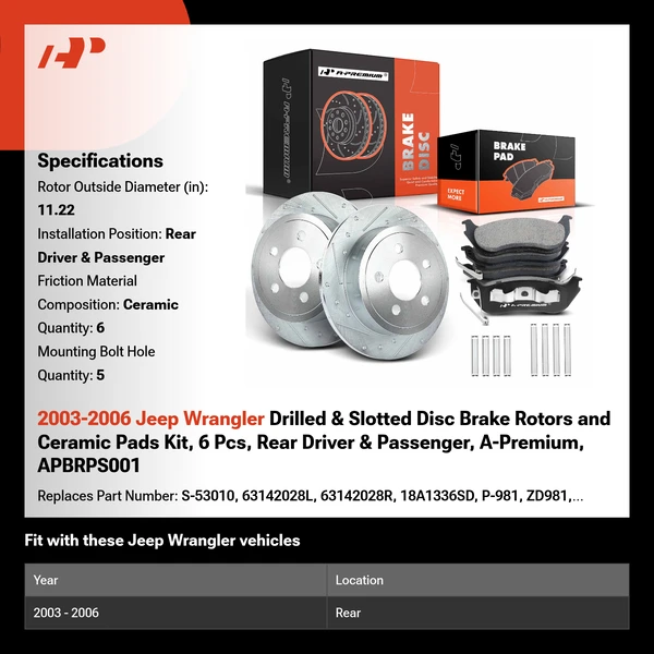 2003-2006 Jeep Wrangler Drilled & Slotted Disc Brake Rotors and Ceramic Pads Kit, 6 Pcs, Rear Driver & Passenger, A-Premium, APBRPS001