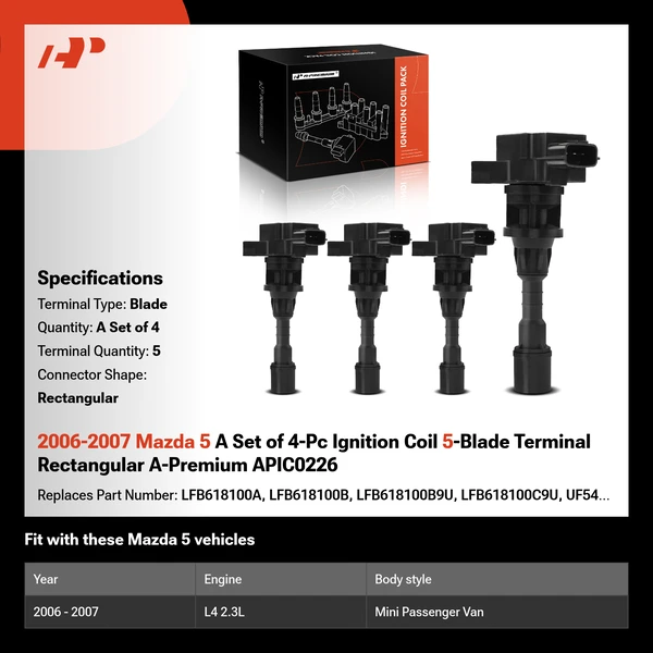 2006-2007 Mazda 5 A Set of 4-Pc Ignition Coil 5-Blade Terminal Rectangular A-Premium APIC0226