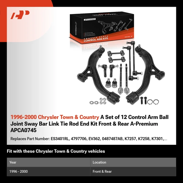 1996-2000 Chrysler Town & Country A Set of 12 Control Arm Ball Joint Sway Bar Link Tie Rod End Kit Front & Rear A-Premium APCA0745