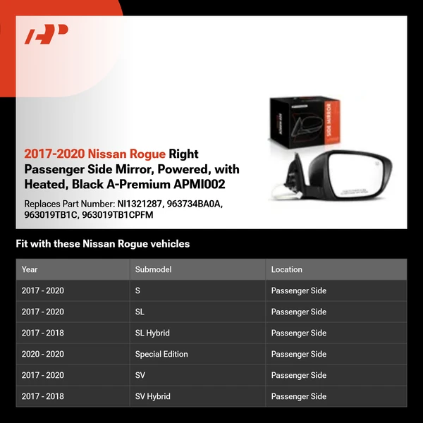 2017-2020 Nissan Rogue Right Passenger Side Mirror, Powered, with Heated, Black A-Premium APMI002