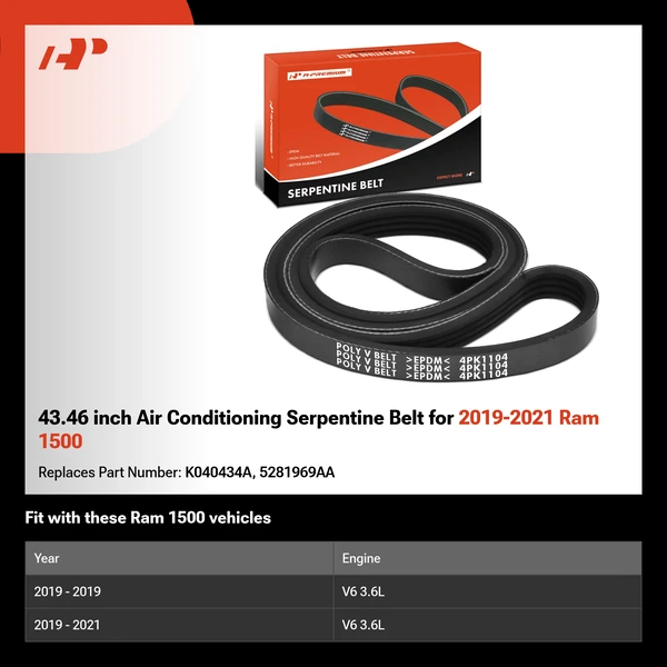 43.46 inch Air Conditioning Serpentine Belt for 2019-2021 Ram 1500