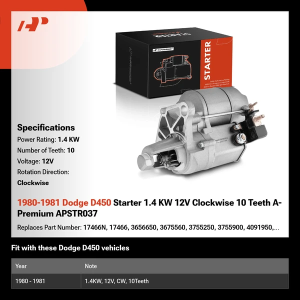 1980-1981 Dodge D450 Starter 1.4 KW 12V Clockwise 10 Teeth A-Premium APSTR037