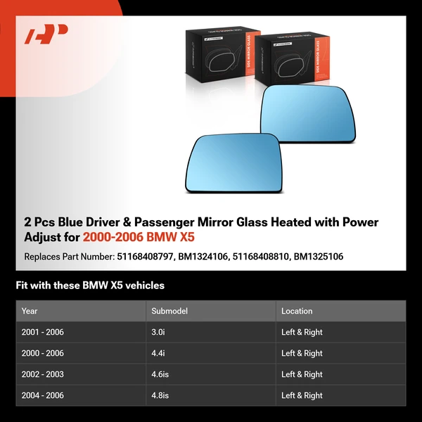 2 Pcs Blue Driver & Passenger Mirror Glass Heated with Power Adjust for 2000-2006 BMW X5