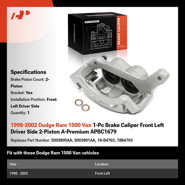 1998-2002 Dodge Ram 1500 Van 1-Pc Brake Caliper Front Left Driver Side 2-Piston A-Premium APBC1679