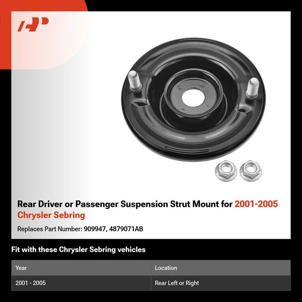 Rear Driver or Passenger Suspension Strut Mount for 2001-2005 Chrysler Sebring