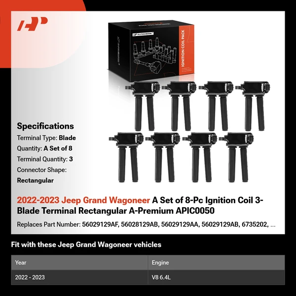 2022-2023 Jeep Grand Wagoneer A Set of 8-Pc Ignition Coil 3-Blade Terminal Rectangular A-Premium APIC0050