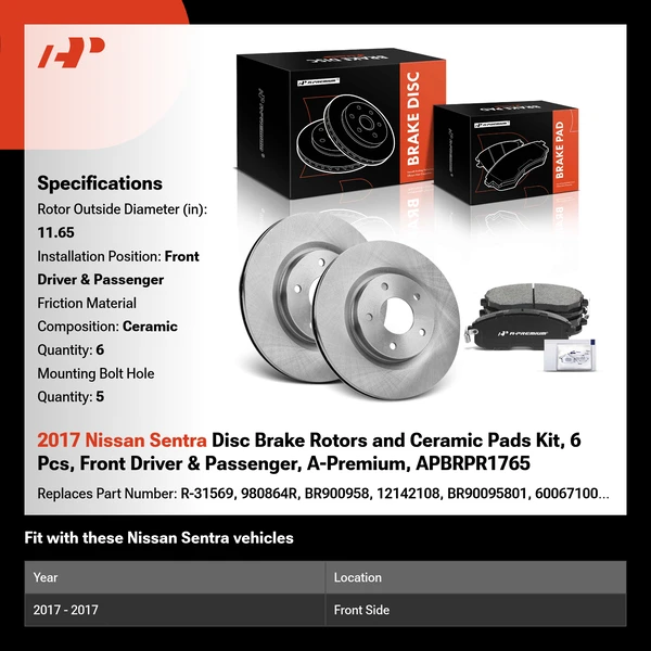 2017 Nissan Sentra Disc Brake Rotors and Ceramic Pads Kit, 6 Pcs, Front Driver & Passenger, A-Premium, APBRPR1765