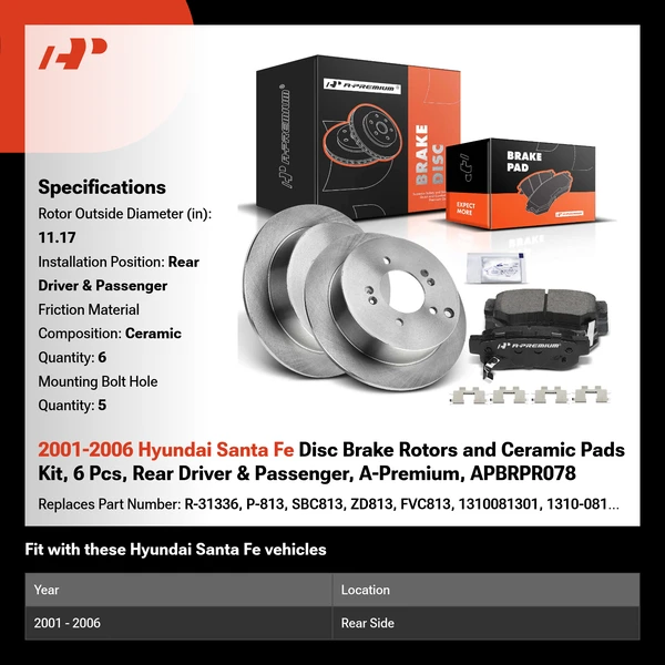 2001-2006 Hyundai Santa Fe Disc Brake Rotors and Ceramic Pads Kit, 6 Pcs, Rear Driver & Passenger, A-Premium, APBRPR078