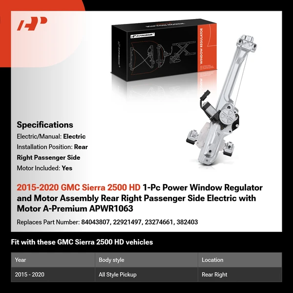 2015-2020 GMC Sierra 2500 HD 1-Pc Power Window Regulator and Motor Assembly Rear Right Passenger Side Electric with Motor A-Premium APWR1063