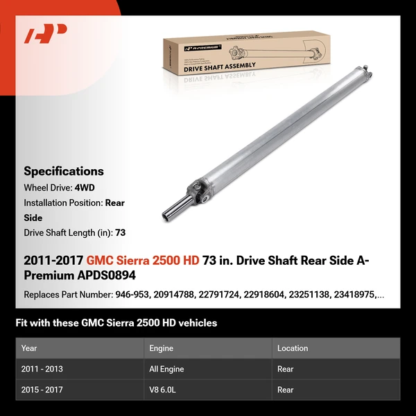2011-2017 GMC Sierra 2500 HD 73 in. Drive Shaft Rear Side A-Premium APDS0894