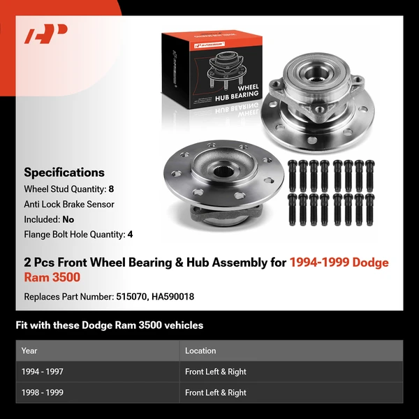 2 Pcs Front Wheel Bearing & Hub Assembly for 1994-1999 Dodge Ram 3500