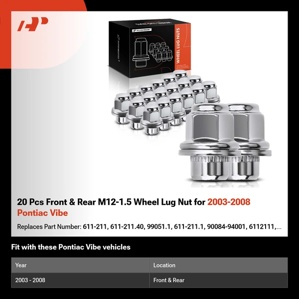 20 Pcs Front & Rear M12-1.5 Wheel Lug Nut for 2003-2008 Pontiac Vibe