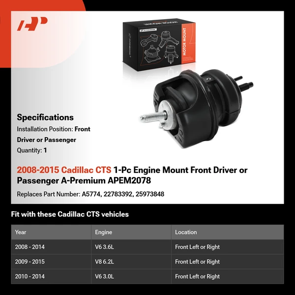 2008-2015 Cadillac CTS 1-Pc Engine Mount Front Driver or Passenger A-Premium APEM2078