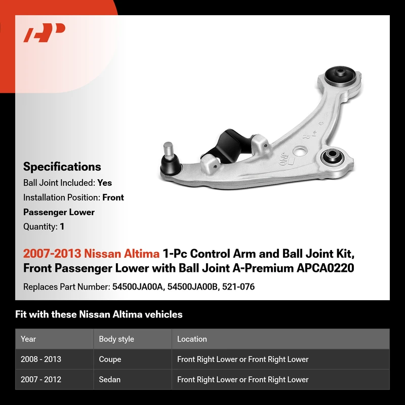 2007-2013 Nissan Altima 1-Pc Control Arm and Ball Joint Kit, Front Passenger Lower with Ball Joint A-Premium APCA0220