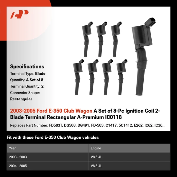 2003-2005 Ford E-350 Club Wagon A Set of 8-Pc Ignition Coil 2-Blade Terminal Rectangular A-Premium IC0118