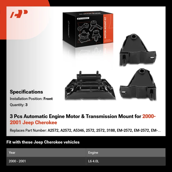 3 Pcs Automatic Engine Motor & Transmission Mount for 2000-2001 Jeep Cherokee