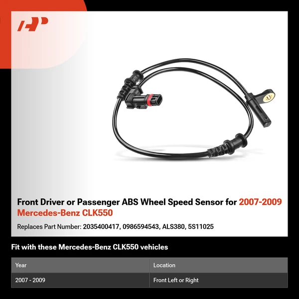 Front Driver or Passenger ABS Wheel Speed Sensor for 2007-2009 Mercedes-Benz CLK550