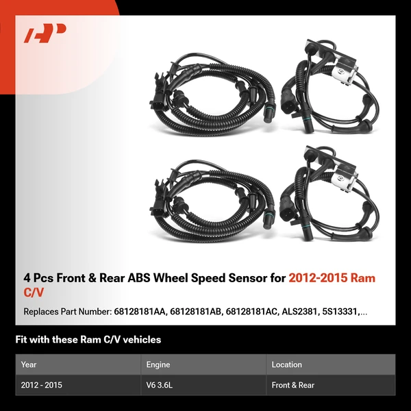 4 Pcs Front & Rear ABS Wheel Speed Sensor for 2012-2015 Ram C/V