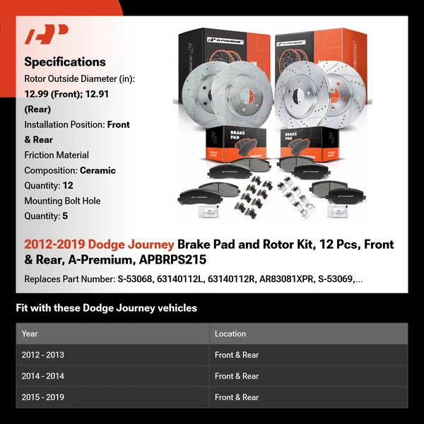 2012-2019 Dodge Journey Brake Pad and Rotor Kit, 12 Pcs, Front & Rear, A-Premium, APBRPS215