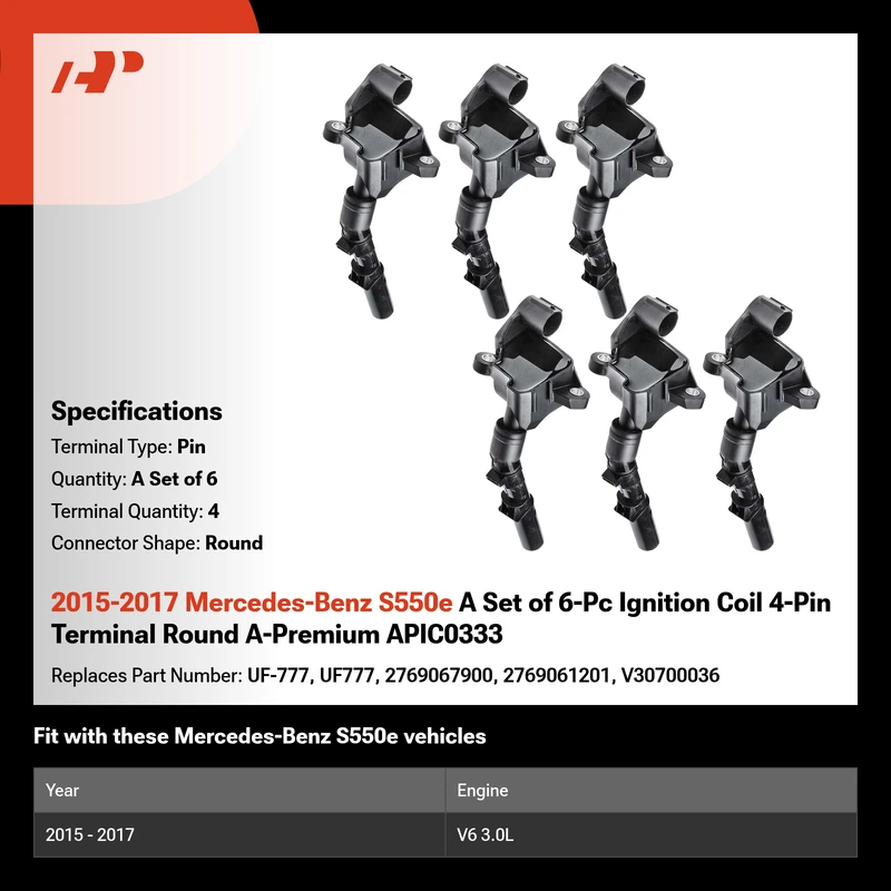 2015-2017 Mercedes-Benz S550e A Set of 6-Pc Ignition Coil 4-Pin Terminal Round A-Premium APIC0333