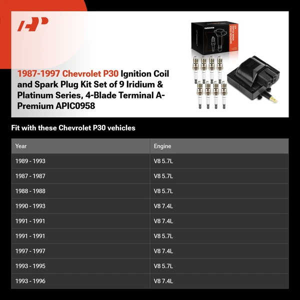 1987-1997 Chevrolet P30 Ignition Coil and Spark Plug Kit Set of 9 Iridium & Platinum Series, 4-Blade Terminal A-Premium APIC0958