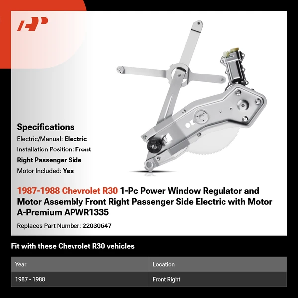1987-1988 Chevrolet R30 1-Pc Power Window Regulator and Motor Assembly Front Right Passenger Side Electric with Motor A-Premium APWR1335