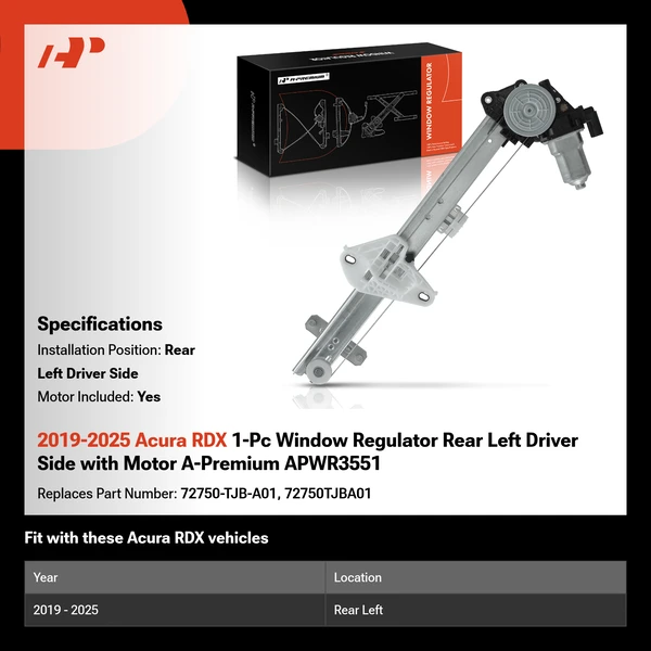 2019-2025 Acura RDX 1-Pc Window Regulator Rear Left Driver Side with Motor A-Premium APWR3551