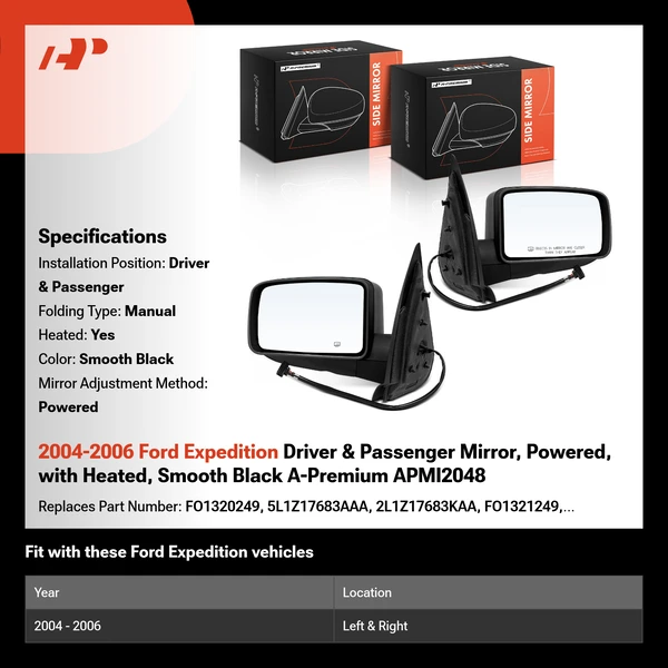 2004-2006 Ford Expedition Driver & Passenger Mirror, Powered, with Heated, Smooth Black A-Premium APMI2048