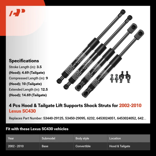 4 Pcs Hood & Tailgate Lift Supports Shock Struts for 2002-2010 Lexus SC430